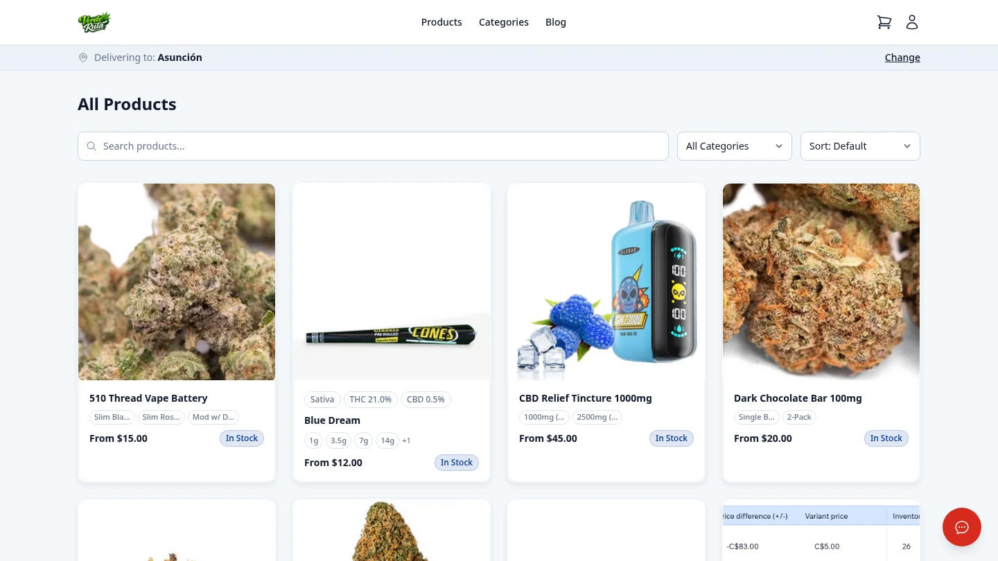 DabDash storefront product catalog with zone selected and cannabinoid data visible on product cards