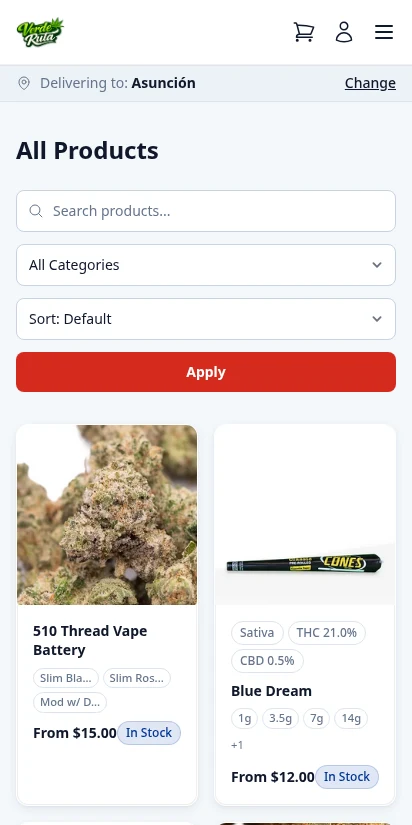 DabDash storefront product catalog with zone selected and cannabinoid data visible on product cards — mobile view