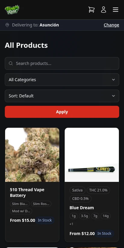 DabDash storefront product catalog with zone selected and cannabinoid data visible on product cards — mobile view