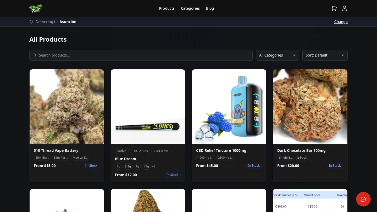 DabDash storefront product catalog with zone selected and cannabinoid data visible on product cards