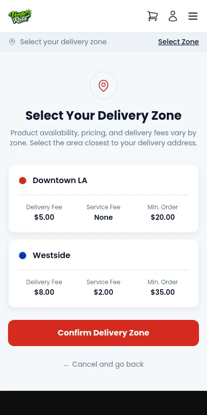 DabDash delivery zone selection page with address input