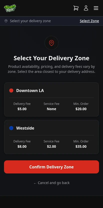 DabDash delivery zone selection page with address input