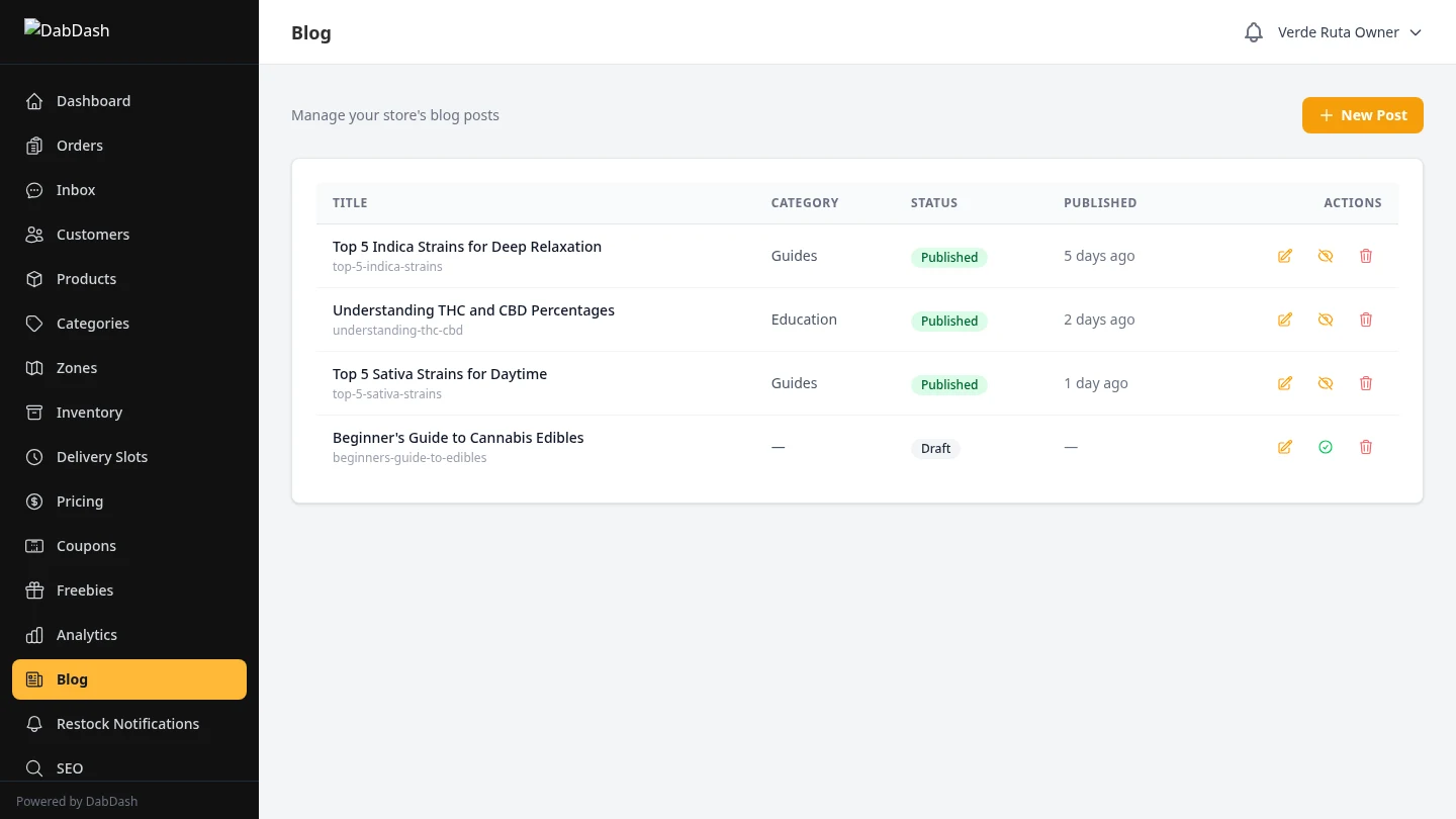 DabDash vendor blog post list with published articles and status badges
