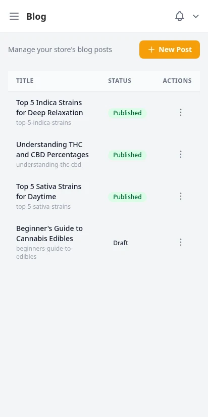 DabDash vendor blog post list with published articles and status badges — mobile view