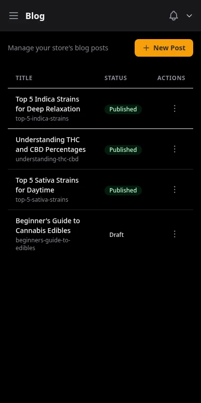 DabDash vendor blog post list with published articles and status badges — mobile view