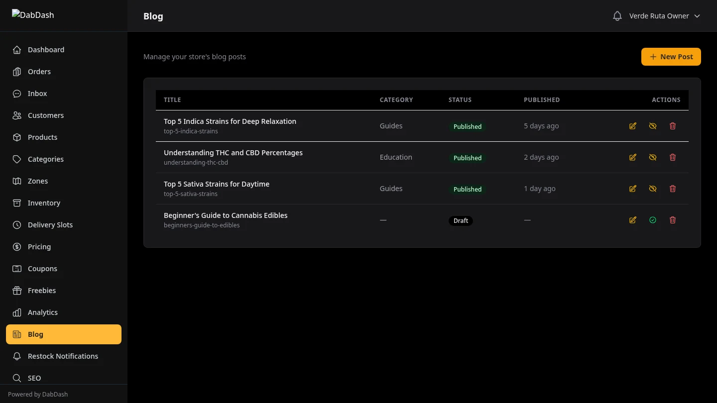DabDash vendor blog post list with published articles and status badges