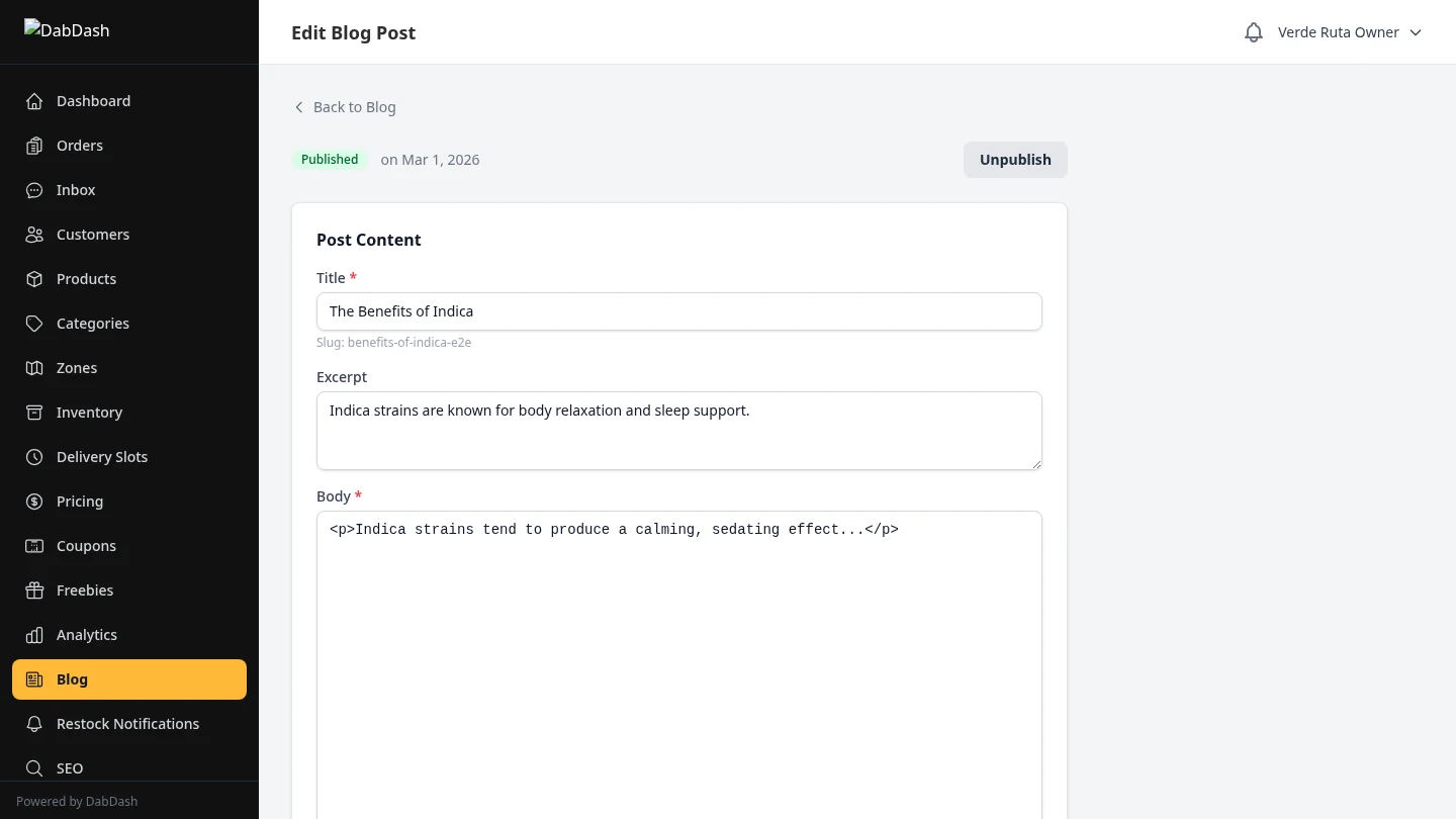 DabDash blog post editor with title, content, SEO fields, and category selector