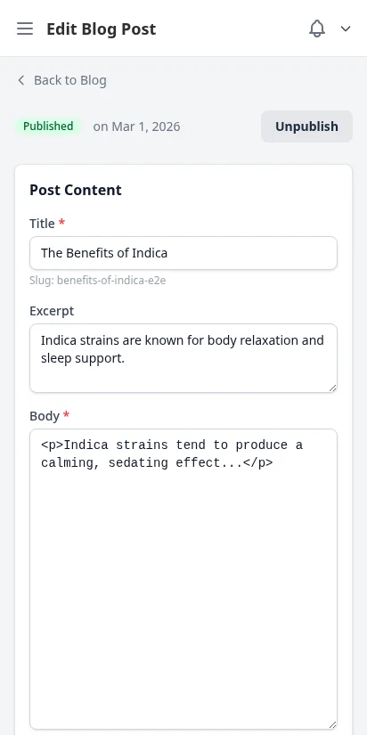 DabDash blog post editor with title, content, SEO fields, and category selector — mobile view