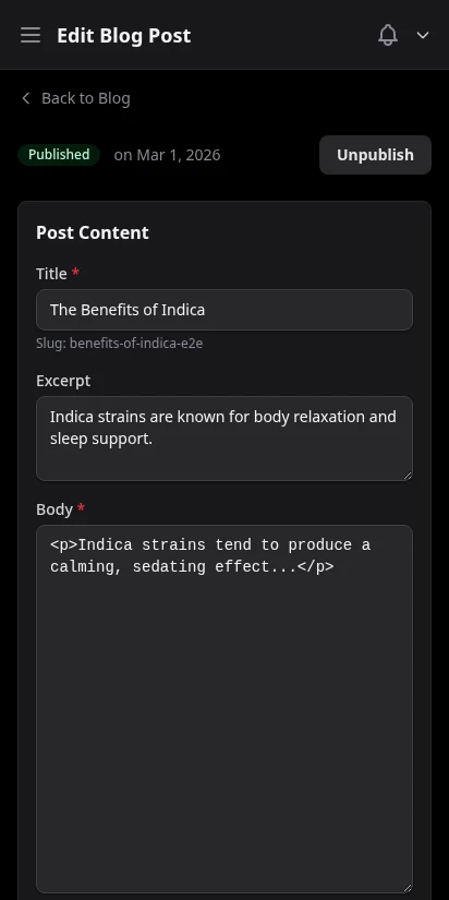 DabDash blog post editor with title, content, SEO fields, and category selector — mobile view