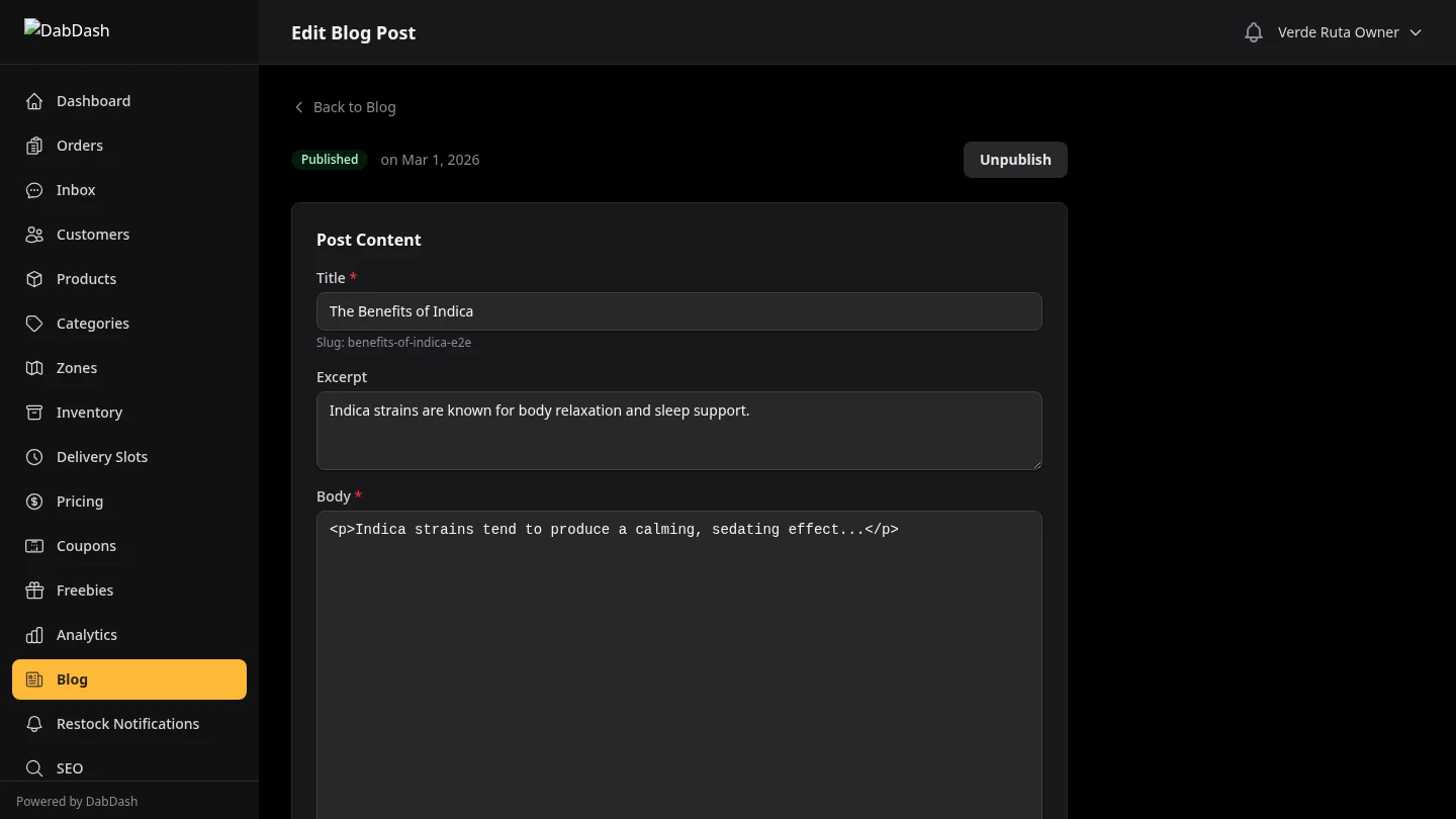 DabDash blog post editor with title, content, SEO fields, and category selector