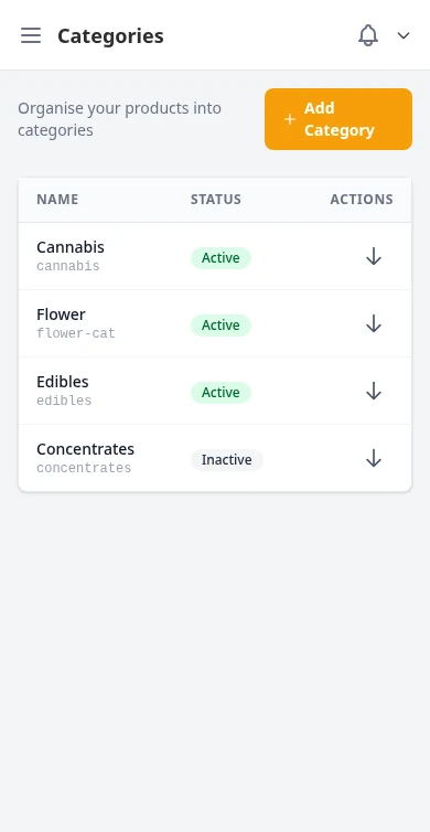 DabDash category management list with product counts — mobile view