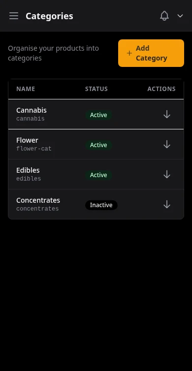 DabDash category management list with product counts — mobile view