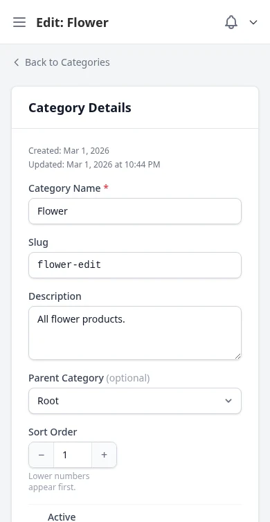 DabDash category editor with name, slug, description, and image fields — mobile view