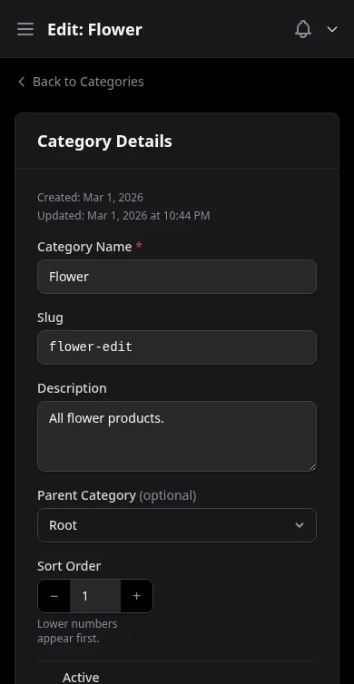 DabDash category editor with name, slug, description, and image fields — mobile view
