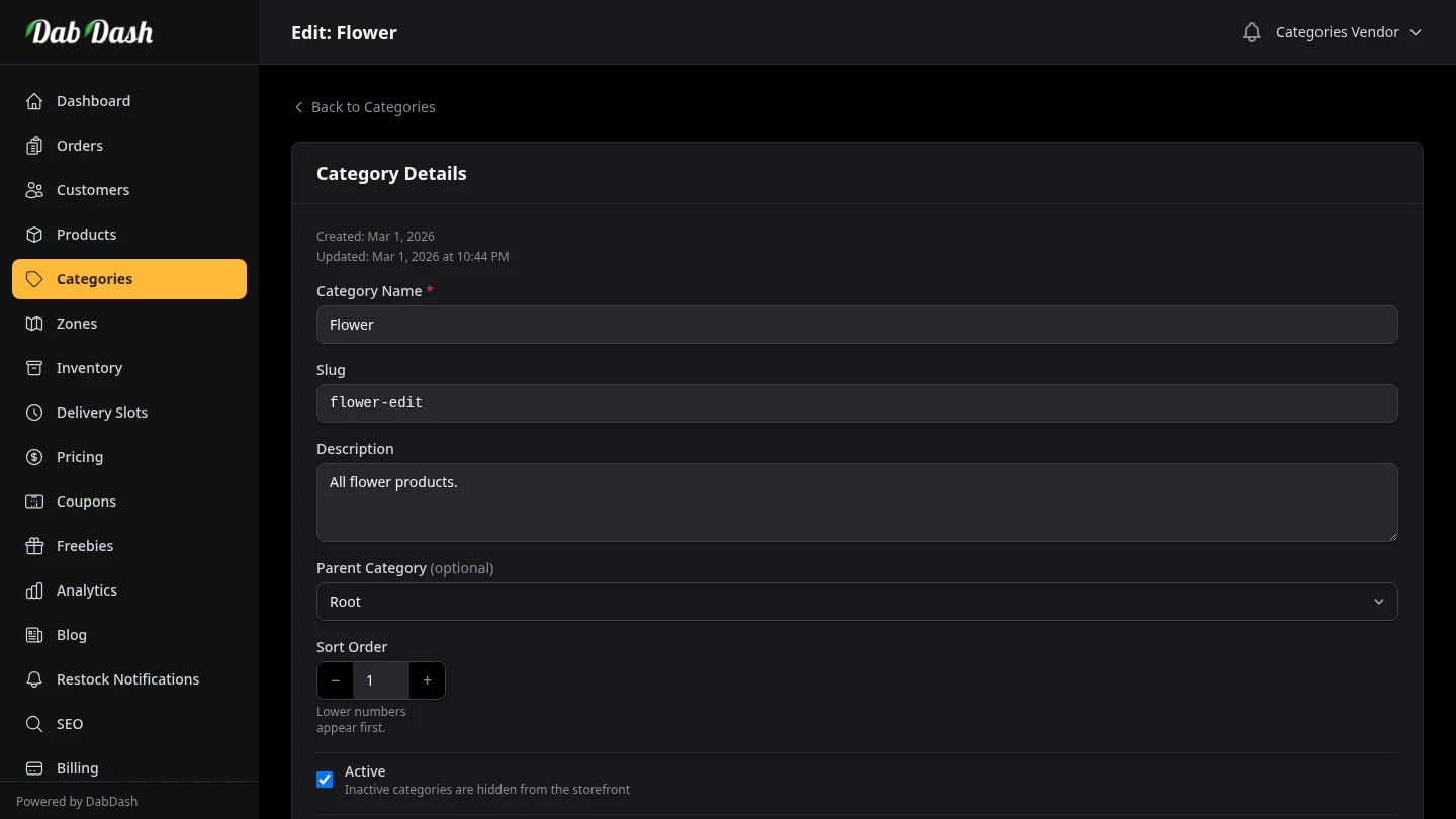 DabDash category editor with name, slug, description, and image fields