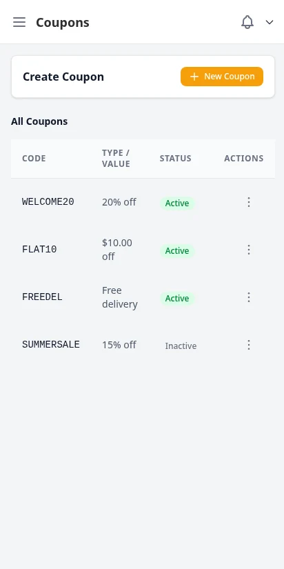 DabDash coupon manager with discount codes, types, and usage stats