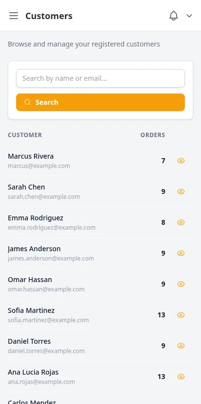 DabDash customer directory with order count, total spend, and loyalty points per customer — mobile view