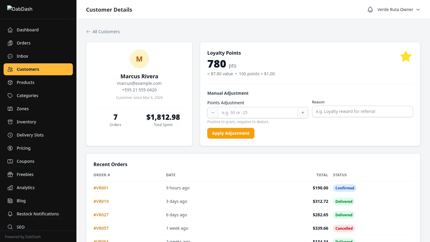 DabDash individual customer profile with order history and saved addresses