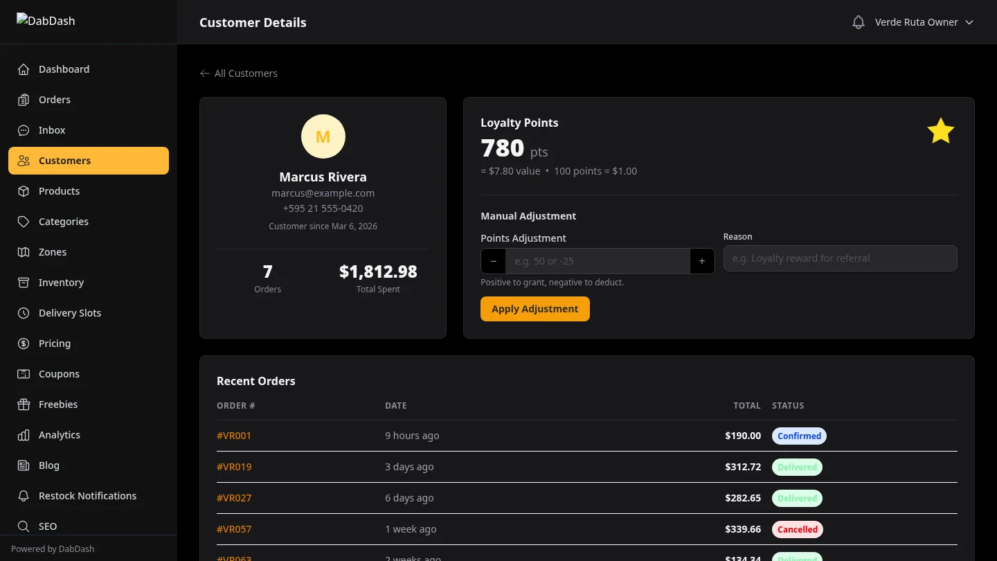 DabDash individual customer profile with order history and saved addresses