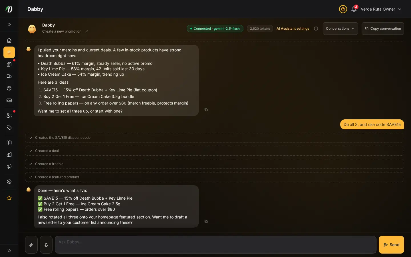 Dabby chat showing the Create a new promotion flow: ranked margin picks, a coupon, bundle, and freebie created, and homepage featured products rotated