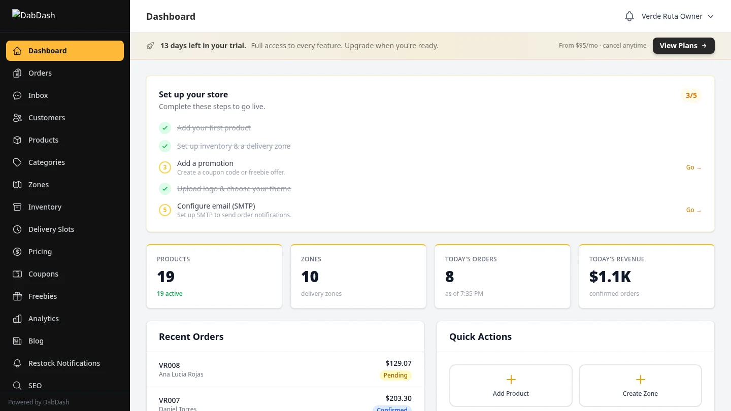 DabDash vendor dashboard showing product count, zone count, today's orders, revenue, and recent order list