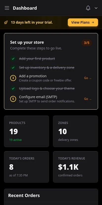 DabDash vendor dashboard showing product count, zone count, today's orders, revenue, and recent order list