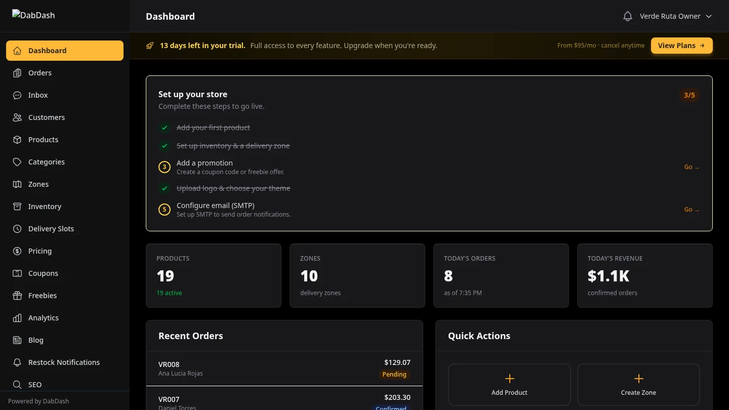 DabDash vendor dashboard showing product count, zone count, today's orders, revenue, and recent order list