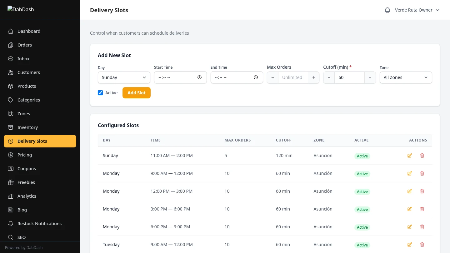 DabDash delivery slot manager showing available time windows by zone
