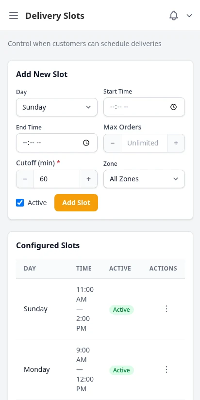 DabDash delivery slot manager showing available time windows by zone