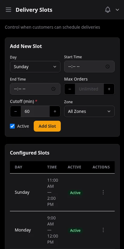 DabDash delivery slot manager showing available time windows by zone