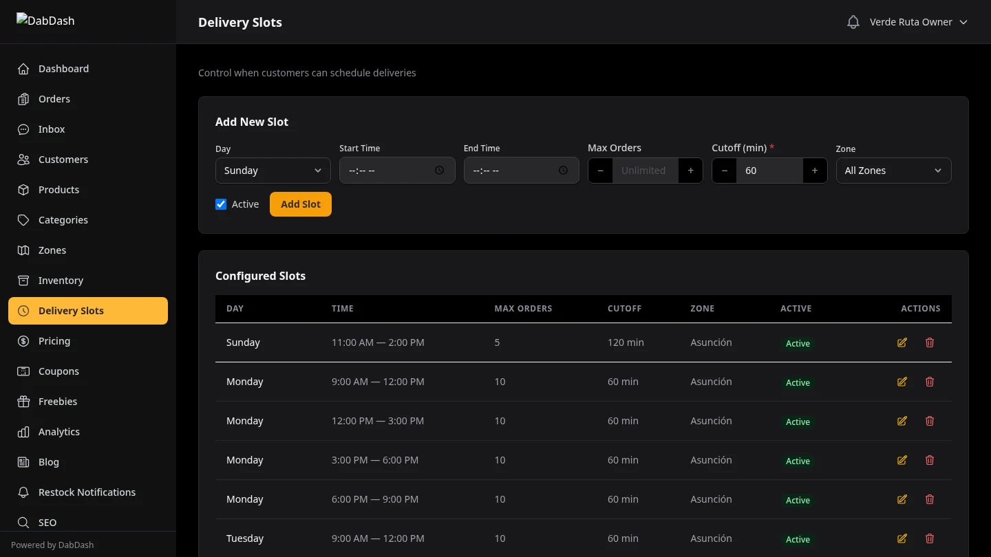 DabDash delivery slot manager showing available time windows by zone