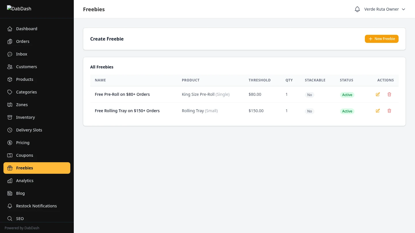 DabDash freebies manager showing automatic reward threshold rules