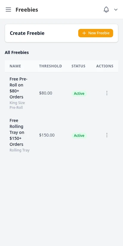 DabDash freebies manager showing automatic reward threshold rules