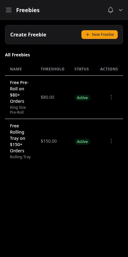 DabDash freebies manager showing automatic reward threshold rules