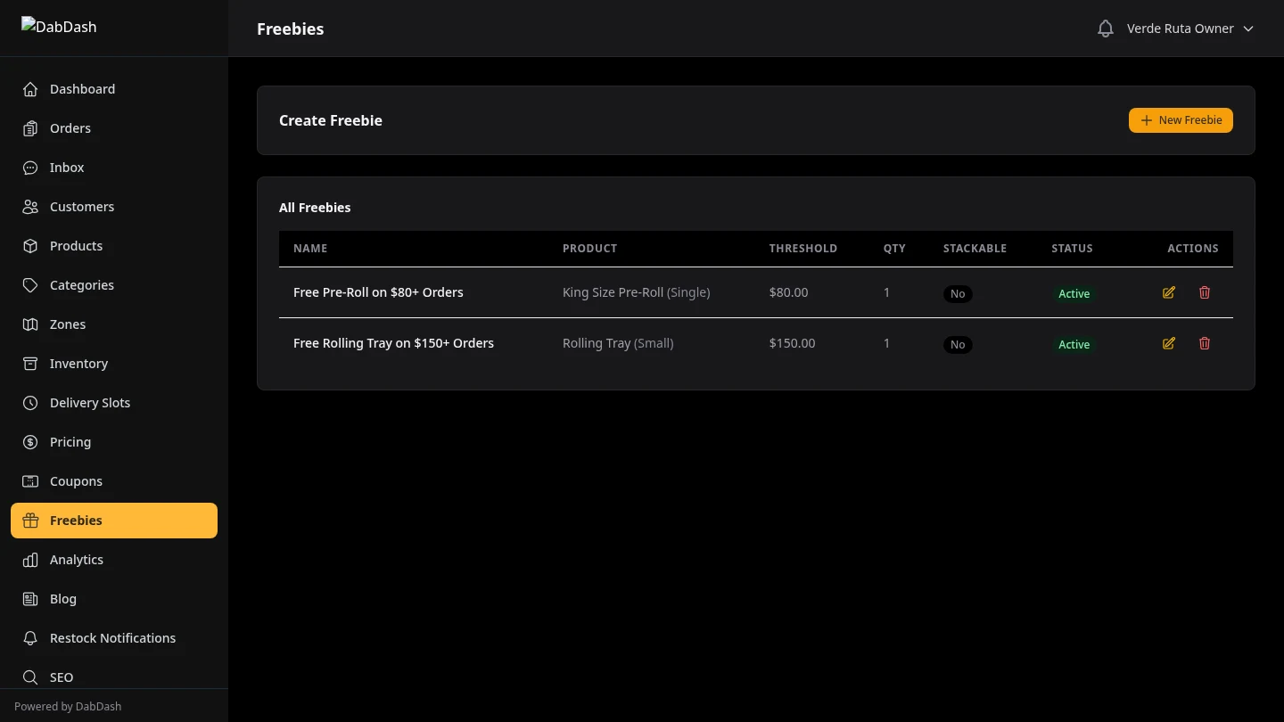 DabDash freebies manager showing automatic reward threshold rules