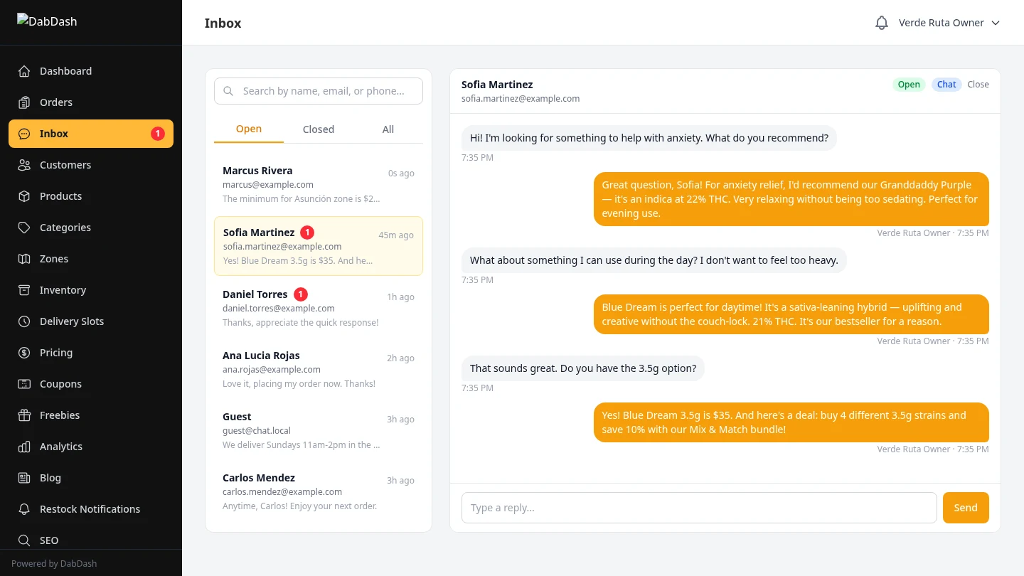 DabDash vendor inbox showing customer conversation list with unread badges and live strain recommendation thread