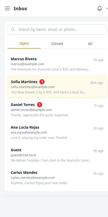 DabDash vendor inbox showing customer conversation list with unread badges and live strain recommendation thread — mobile view