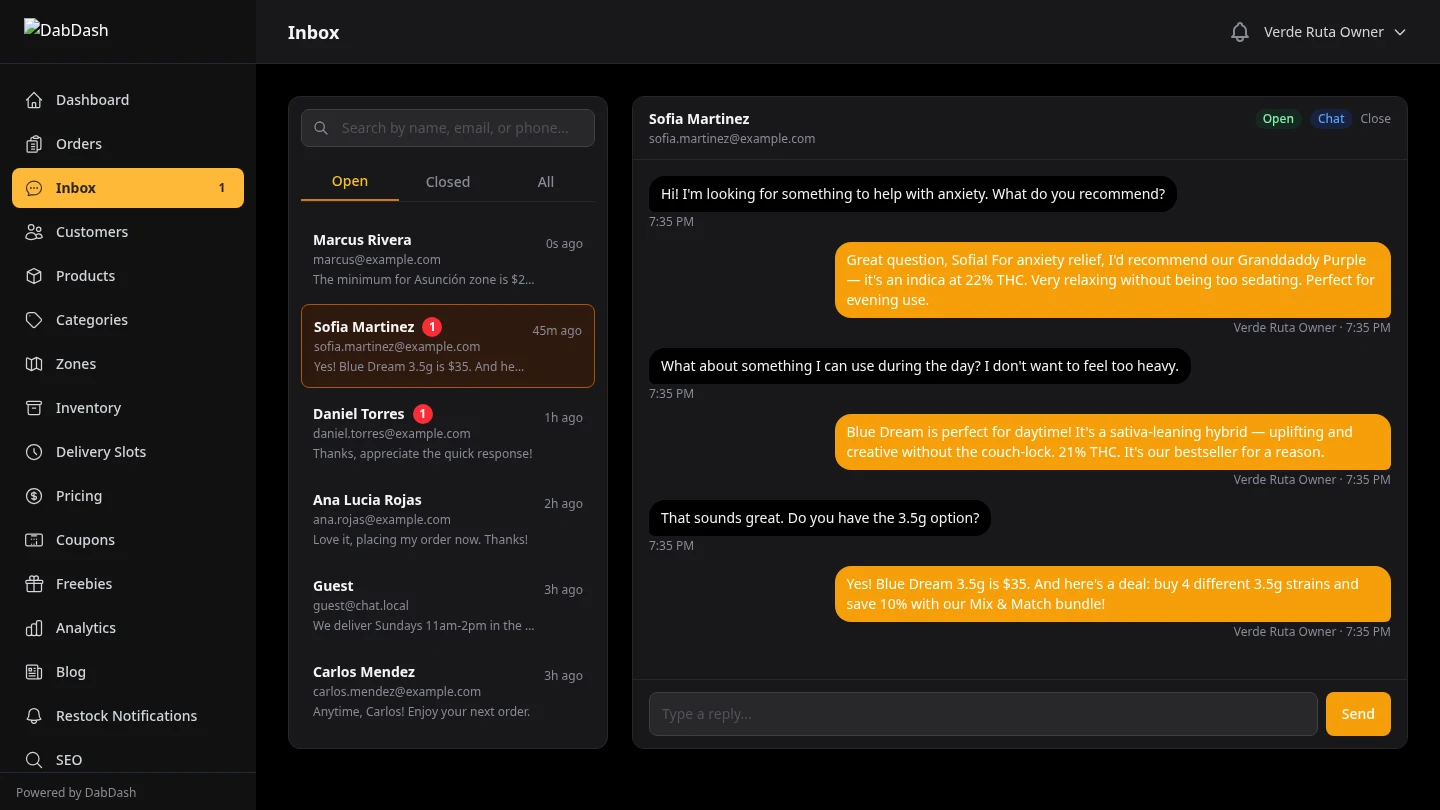 DabDash vendor inbox showing customer conversation list with unread badges and live strain recommendation thread