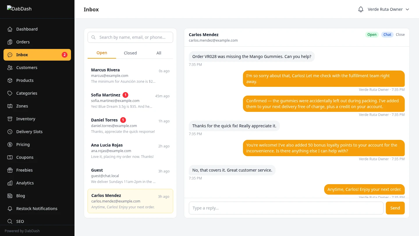 DabDash vendor inbox conversation thread showing professional order issue resolution between agent and customer