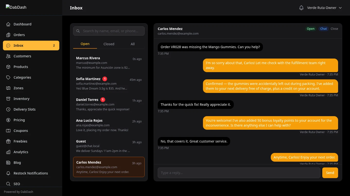 DabDash vendor inbox conversation thread showing professional order issue resolution between agent and customer