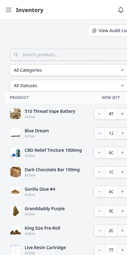 DabDash inventory manager showing zone-specific stock levels per product — mobile view