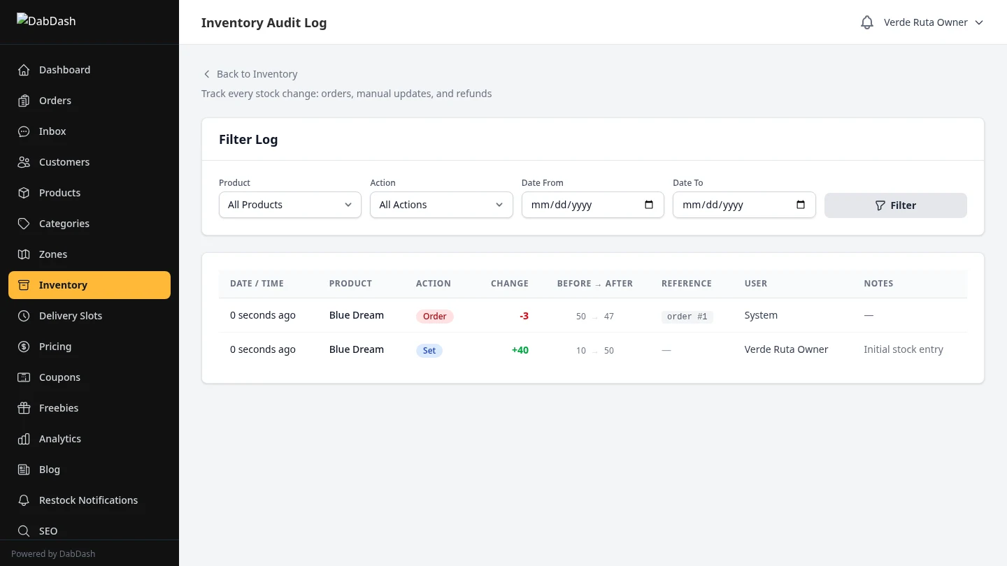DabDash inventory audit log showing all stock changes with timestamps
