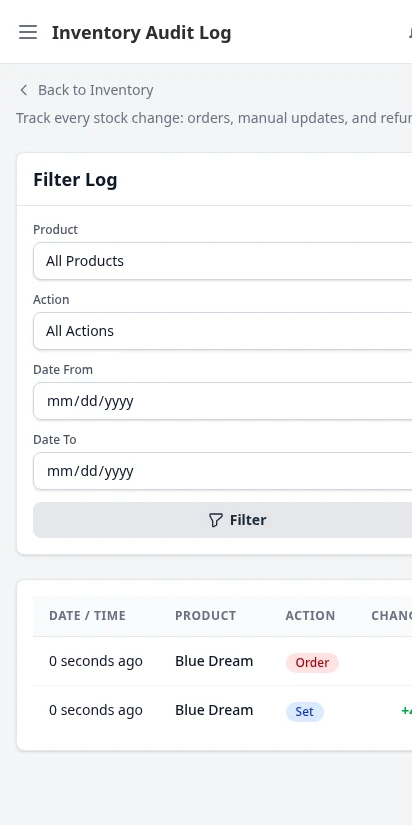 DabDash inventory audit log showing all stock changes with timestamps — mobile view