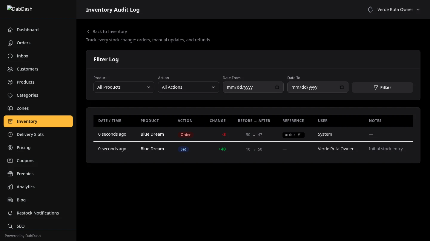 DabDash inventory audit log showing all stock changes with timestamps