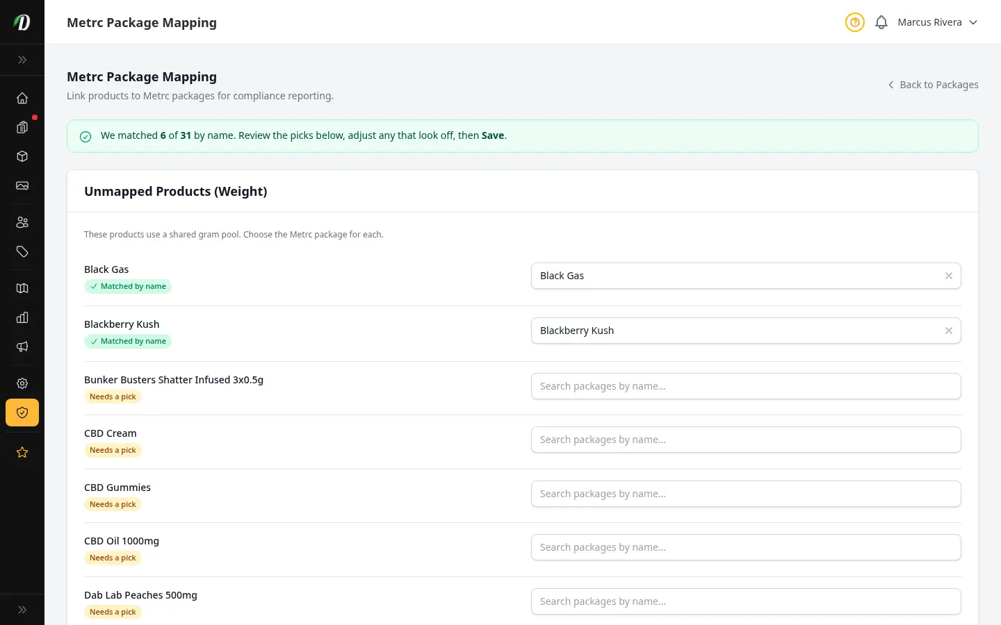 DabDash product mapping screen linking products to Metrc package tags