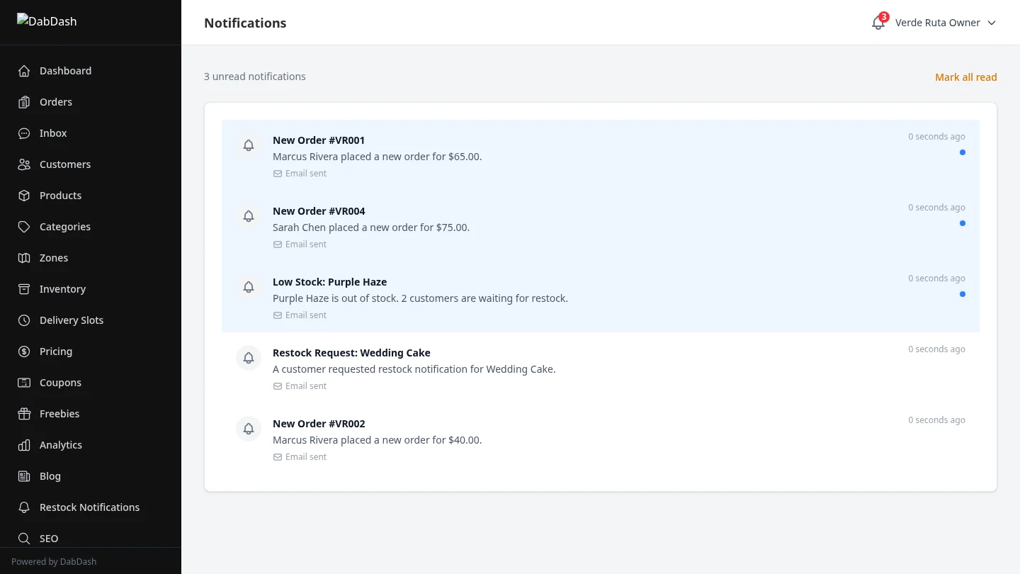 DabDash vendor notification feed showing new order alerts with timestamps and mark-all-as-read action