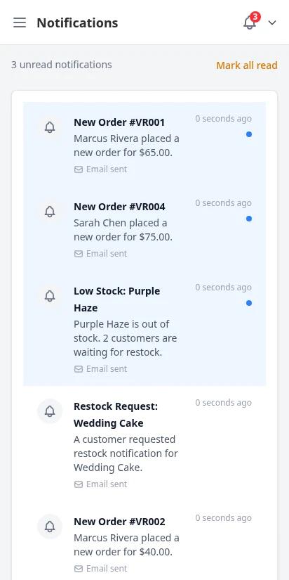 DabDash vendor notification feed showing new order alerts with timestamps and mark-all-as-read action