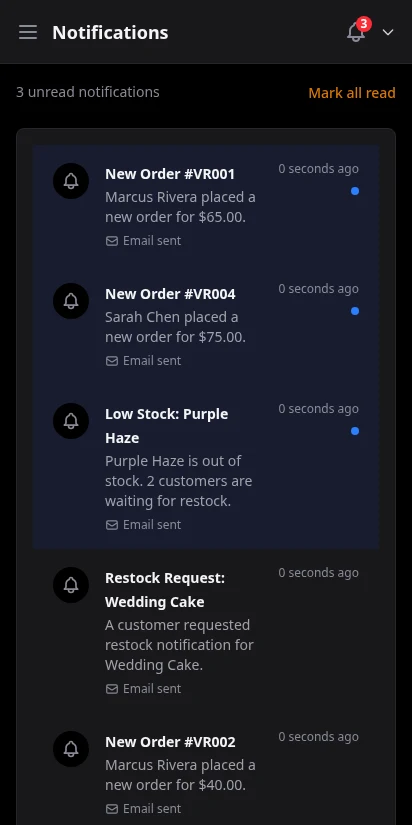 DabDash vendor notification feed showing new order alerts with timestamps and mark-all-as-read action