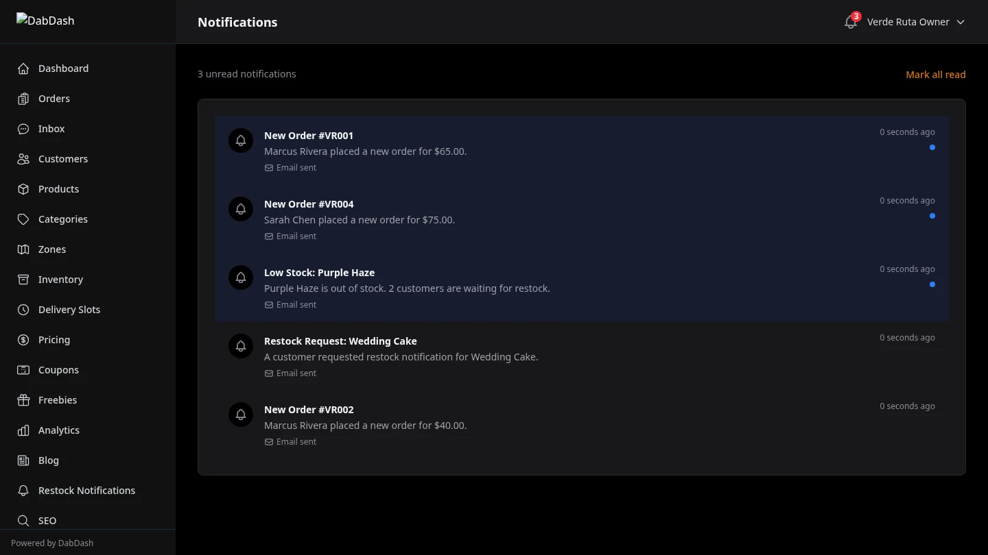 DabDash vendor notification feed showing new order alerts with timestamps and mark-all-as-read action
