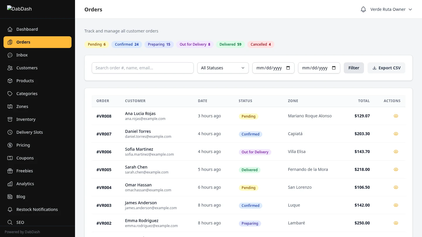 DabDash order management table showing orders with status badges, customer names, and totals